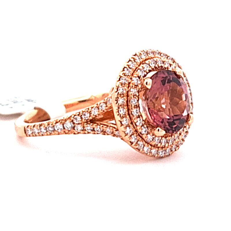 18k Rose Gold Tourmaline Ring with 1.91ct ‘Vieu Rose’ Center, Double Diamond Halo, Split Band – Geretti Sablon Brussels - side view