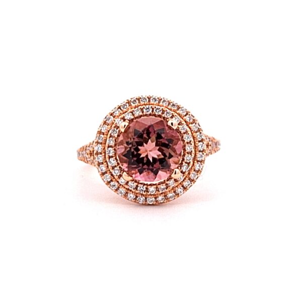18k Rose Gold Tourmaline Ring with 1.91ct ‘Vieu Rose’ Center, Double Diamond Halo, Split Band – Geretti Sablon Brussels