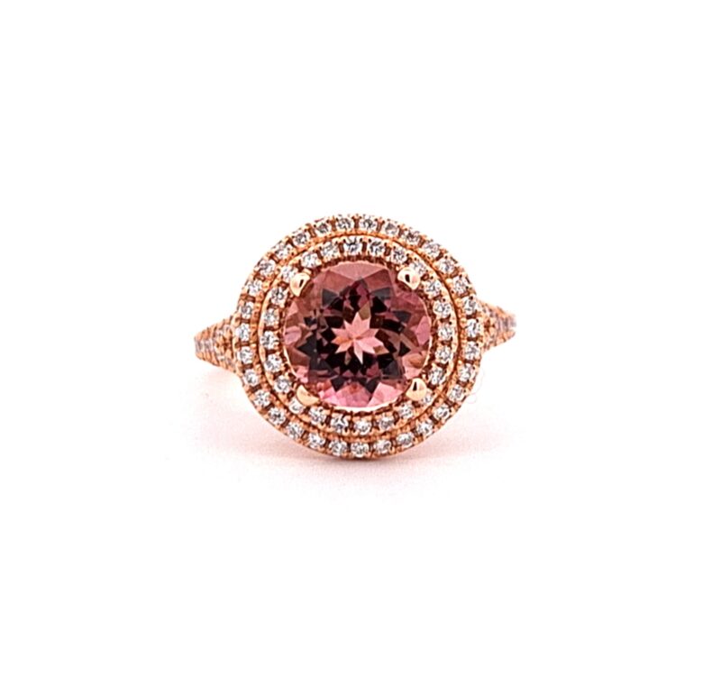 18k Rose Gold Tourmaline Ring with 1.91ct ‘Vieu Rose’ Center, Double Diamond Halo, Split Band – Geretti Sablon Brussels