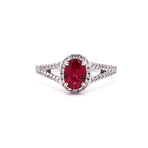 Oval red ruby halo ring in 18k white gold with diamond split shank, 0.91 carat ruby and 0.36 carat D-E VVS diamonds